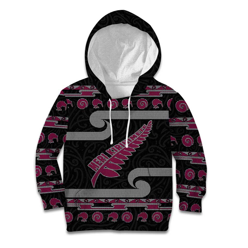 New Zealand Christmas Kid Hoodie Meri Kirihimete Silver Fern Knit Style Pink Color LT03 Hoodie Pink - Polynesian Pride