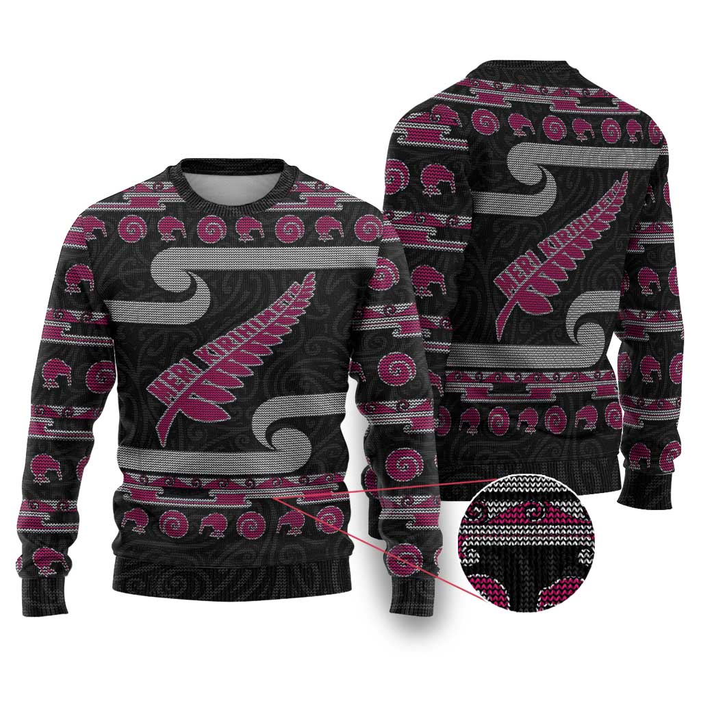 New Zealand Christmas Ugly Christmas Sweater Meri Kirihimete Silver Fern Knit Style Pink Color LT03 Pink - Polynesian Pride
