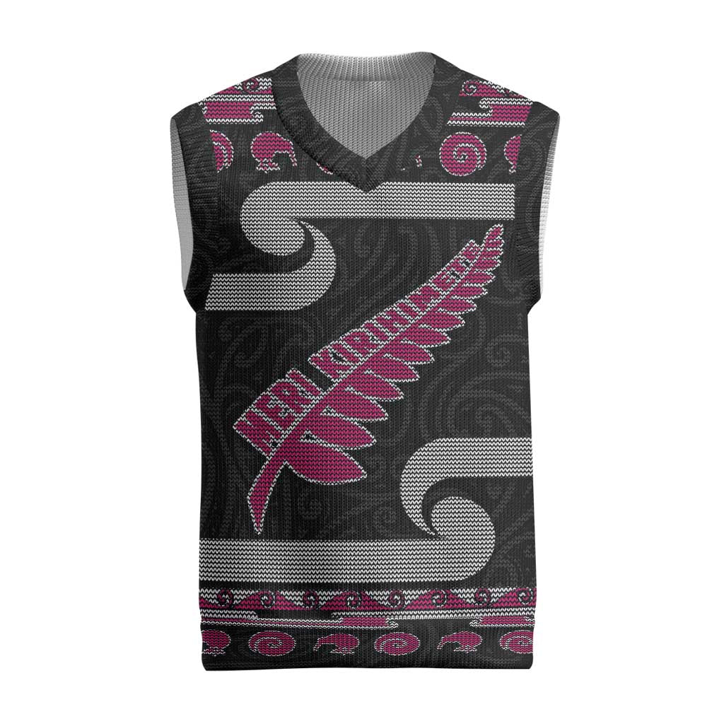New Zealand Christmas Knitted V-Neck Vest Meri Kirihimete Silver Fern Knit Style Pink Color LT03 Pink - Polynesian Pride