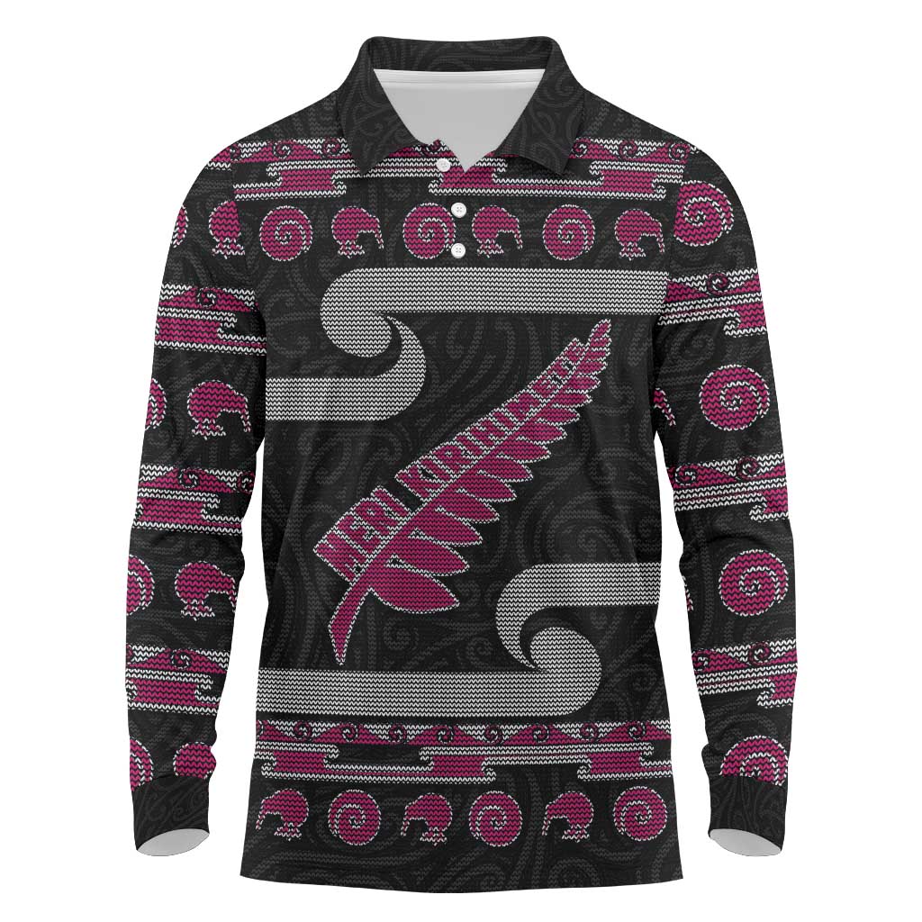 New Zealand Christmas Long Sleeve Polo Shirt Meri Kirihimete Silver Fern Knit Style Pink Color LT03 Pink - Polynesian Pride