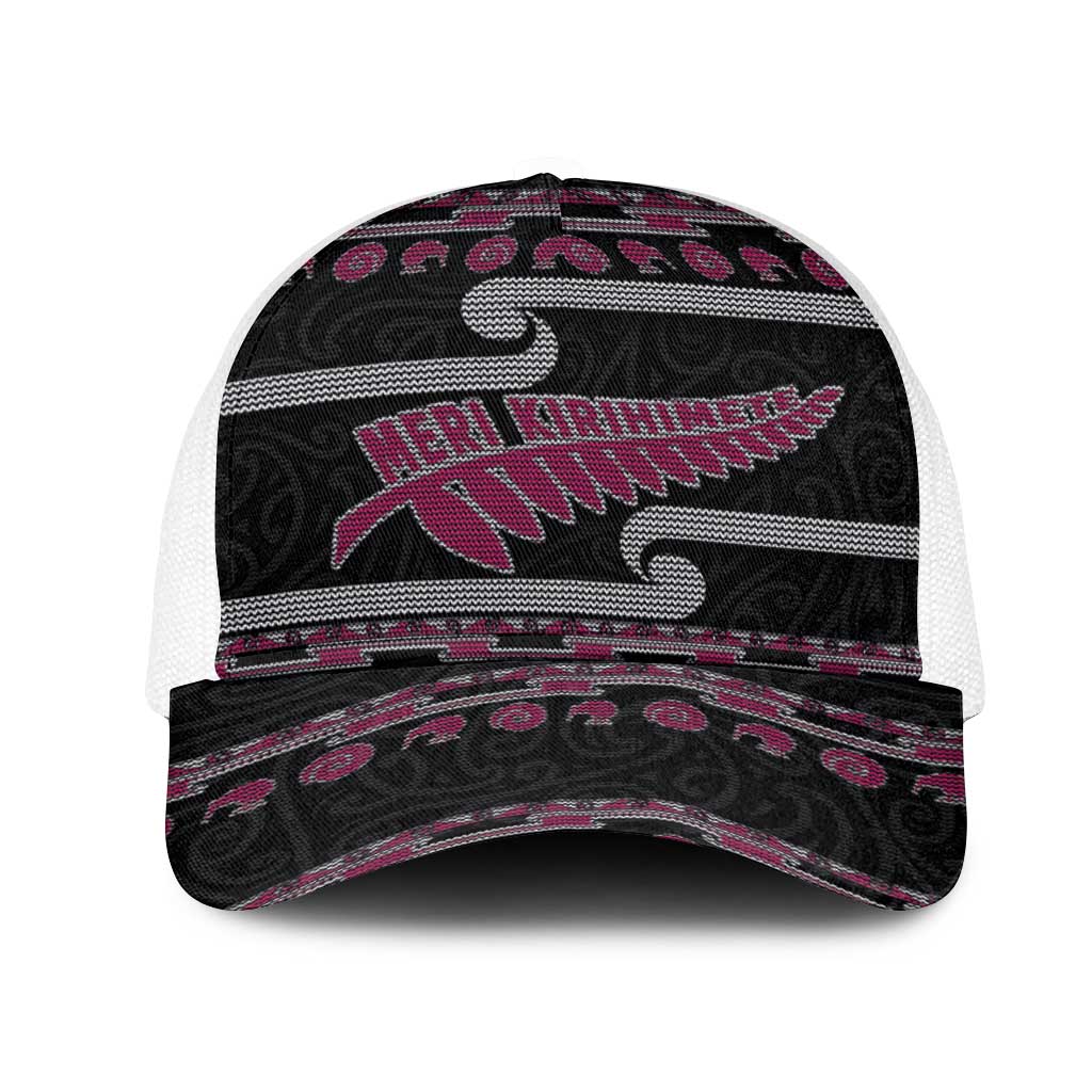 New Zealand Christmas Mesh Trucker Cap Meri Kirihimete Silver Fern Knit Style Pink Color LT03 One Size White Pink - Polynesian Pride