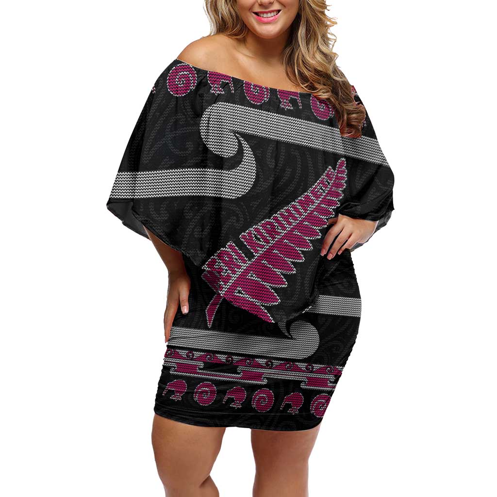 New Zealand Christmas Off Shoulder Short Dress Meri Kirihimete Silver Fern Knit Style Pink Color LT03 Women Pink - Polynesian Pride