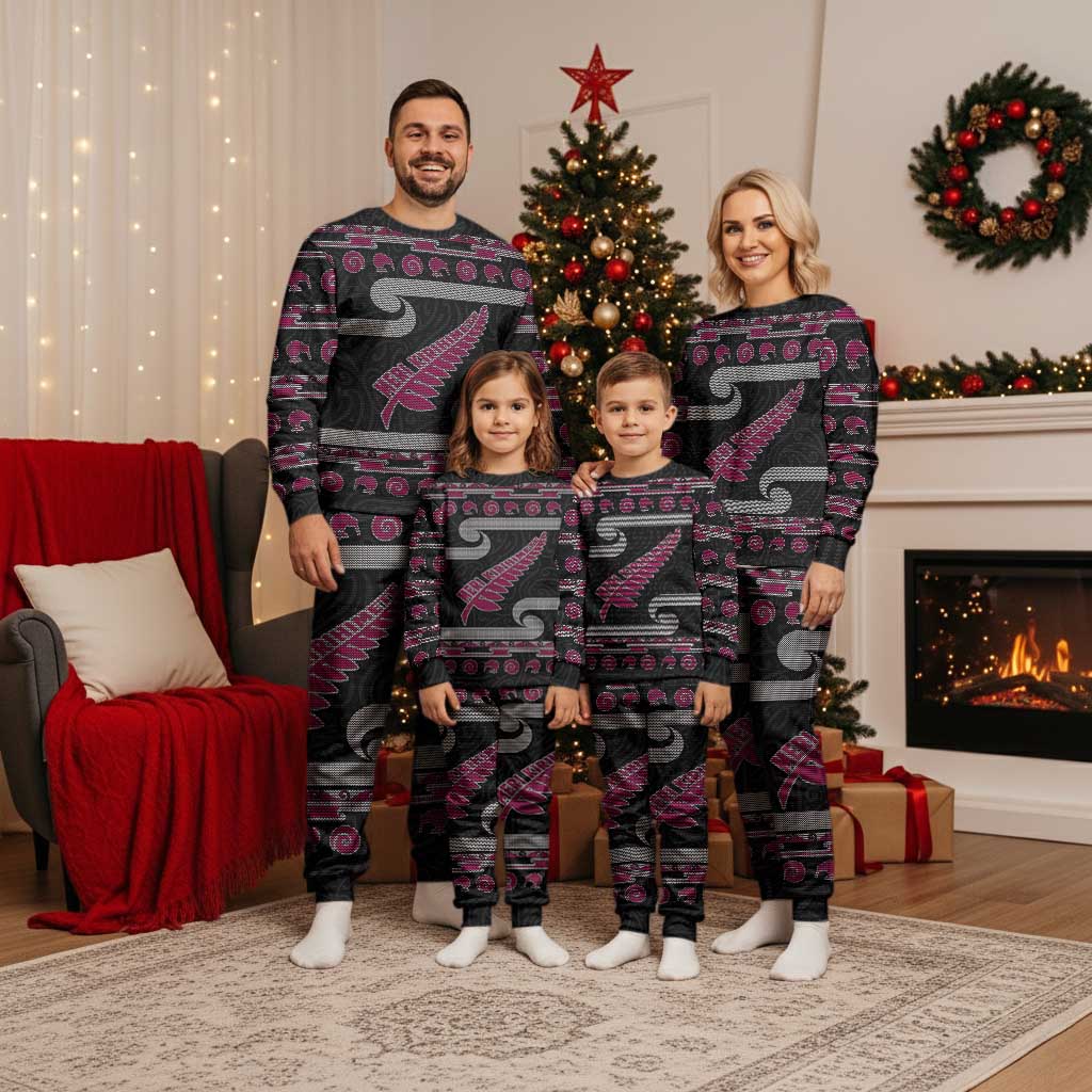 New Zealand Christmas Pajama Set Meri Kirihimete Silver Fern Knit Style Pink Color LT03 - Polynesian Pride