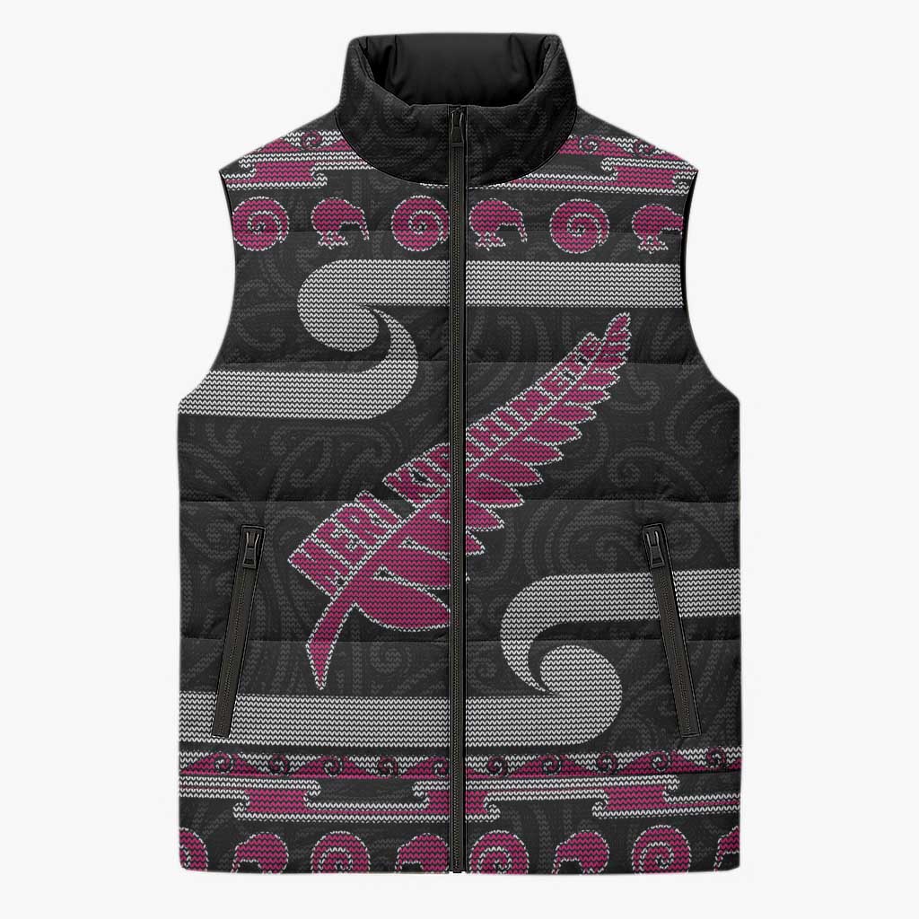 New Zealand Christmas Sleeveless Puffer Jacket Meri Kirihimete Silver Fern Knit Style Pink Color LT03 Unisex Pink - Polynesian Pride