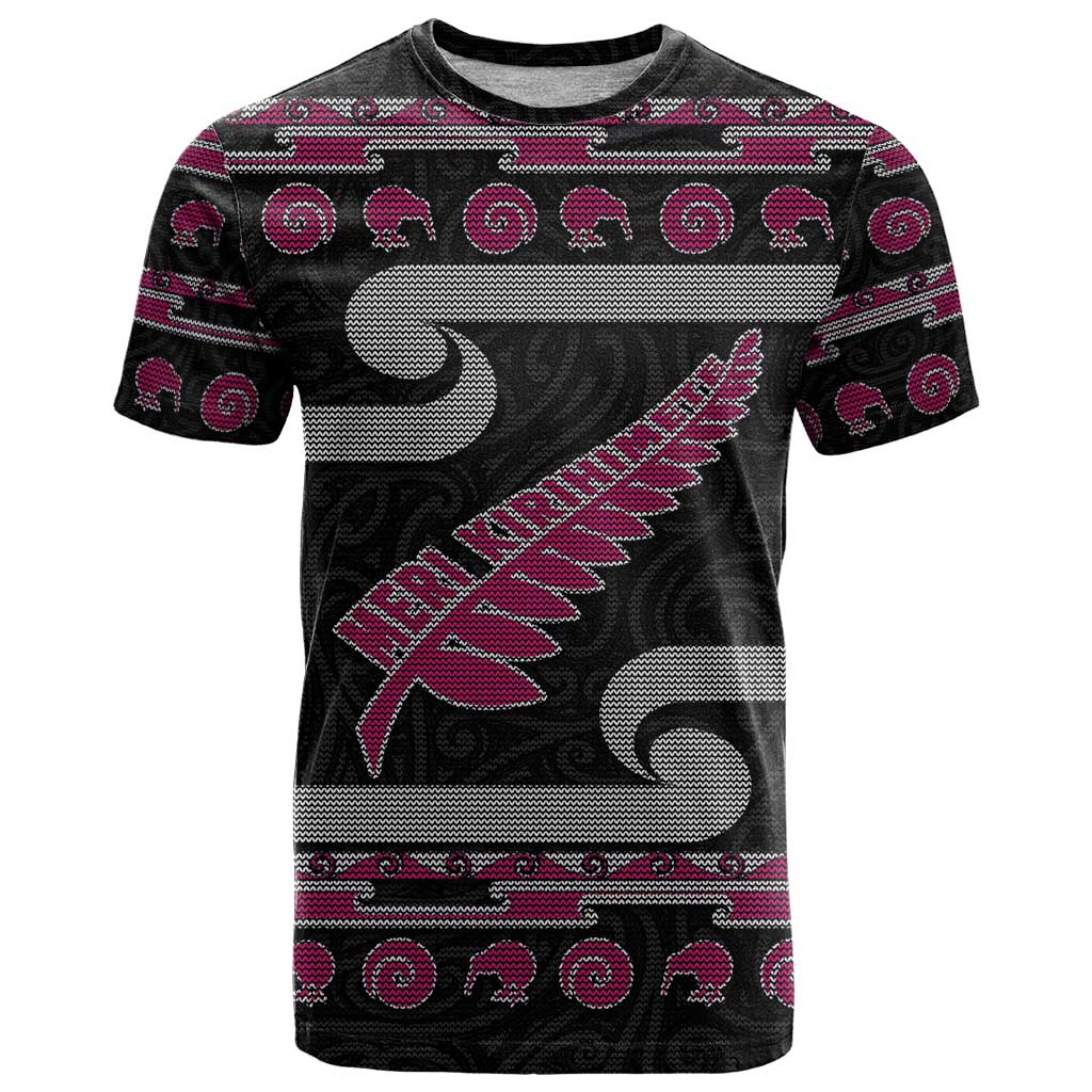 New Zealand Christmas T Shirt Meri Kirihimete Silver Fern Knit Style Pink Color LT03 Pink - Polynesian Pride