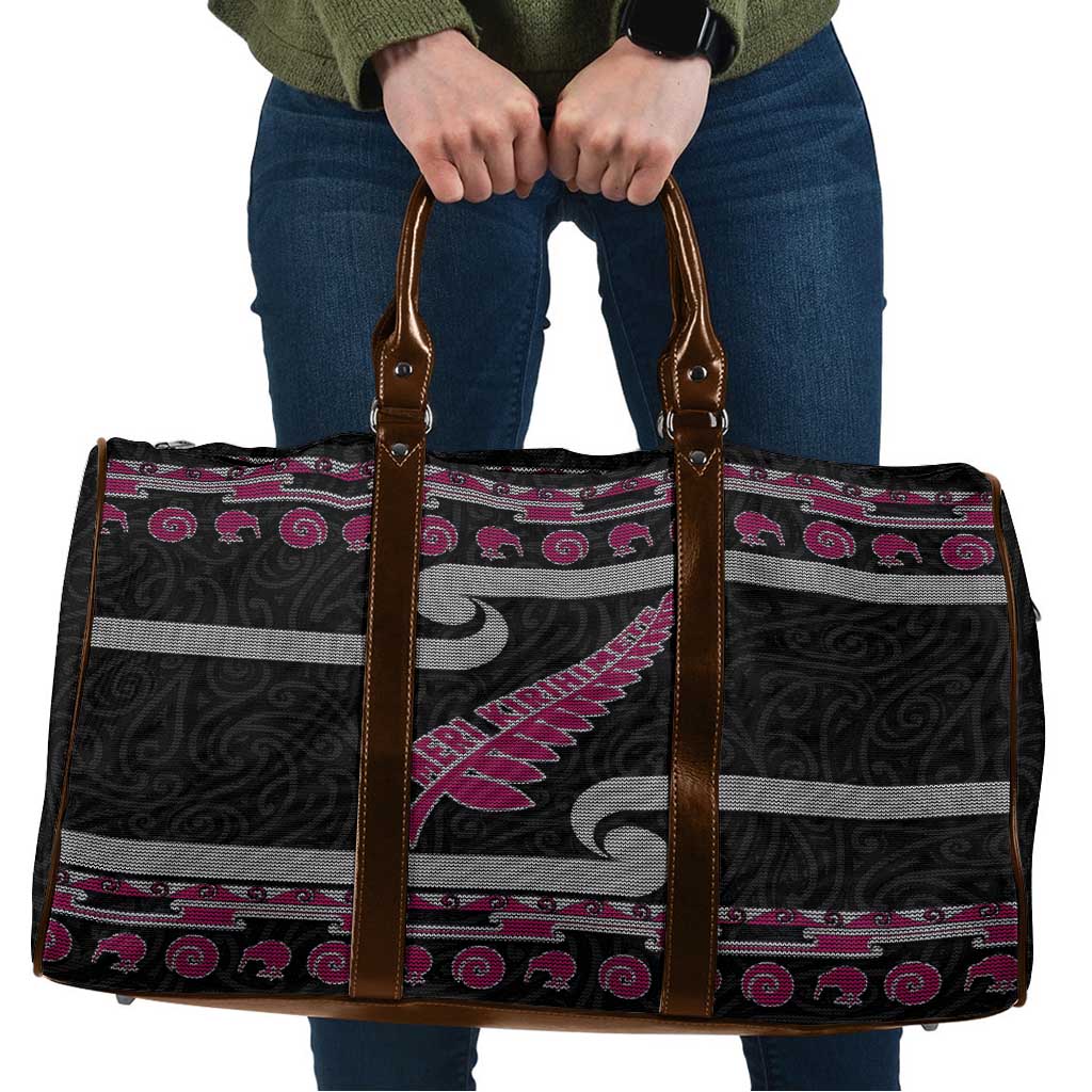 New Zealand Christmas Travel Bag Meri Kirihimete Silver Fern Knit Style Pink Color LT03 Pink - Polynesian Pride
