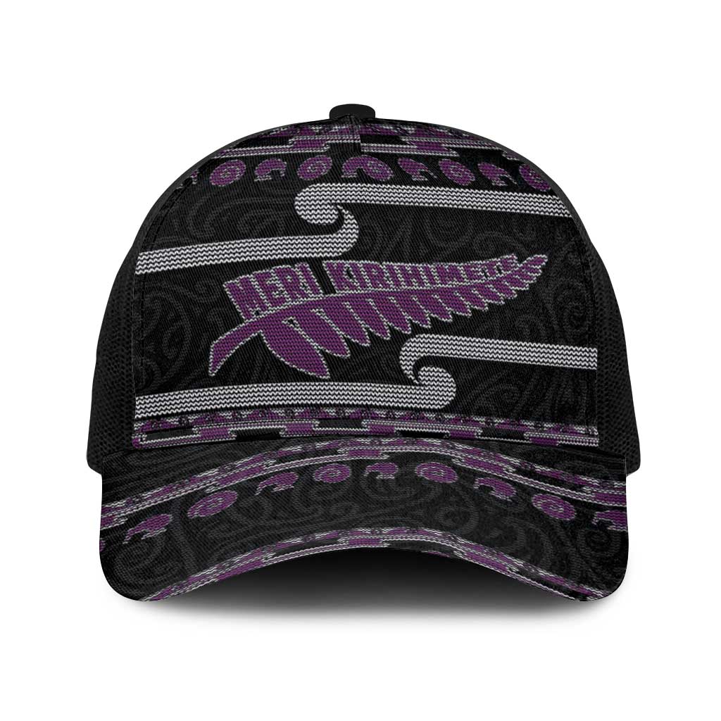 New Zealand Christmas Baseball Net Cap Meri Kirihimete Silver Fern Knit Style Purple Color LT03 One Size Black Purple - Polynesian Pride