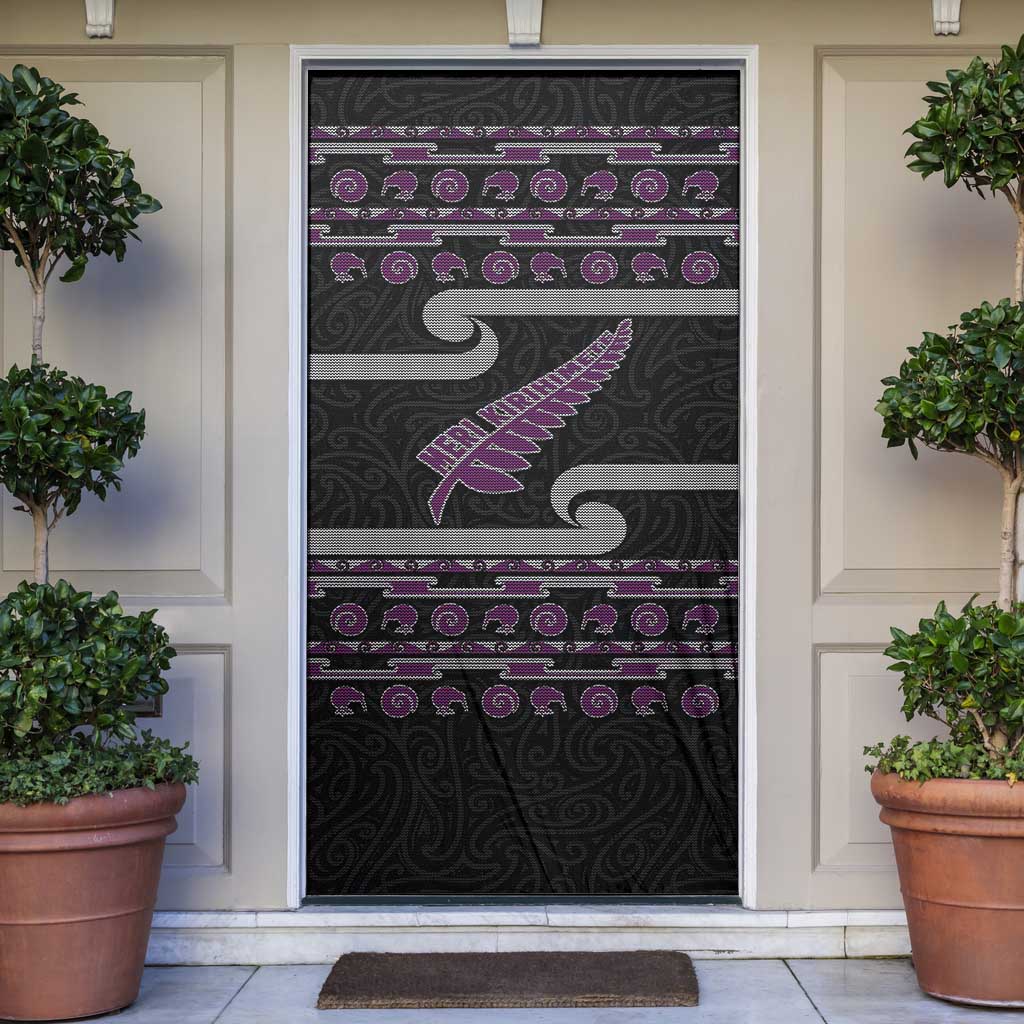 New Zealand Christmas Door Cover Meri Kirihimete Silver Fern Knit Style Purple Color LT03 Purple - Polynesian Pride