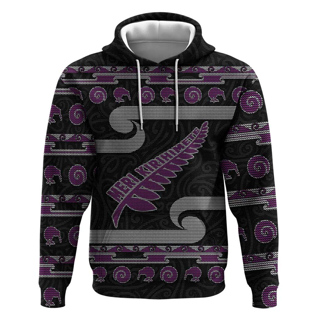 New Zealand Christmas Hoodie Meri Kirihimete Silver Fern Knit Style Purple Color LT03 Pullover Hoodie Purple - Polynesian Pride