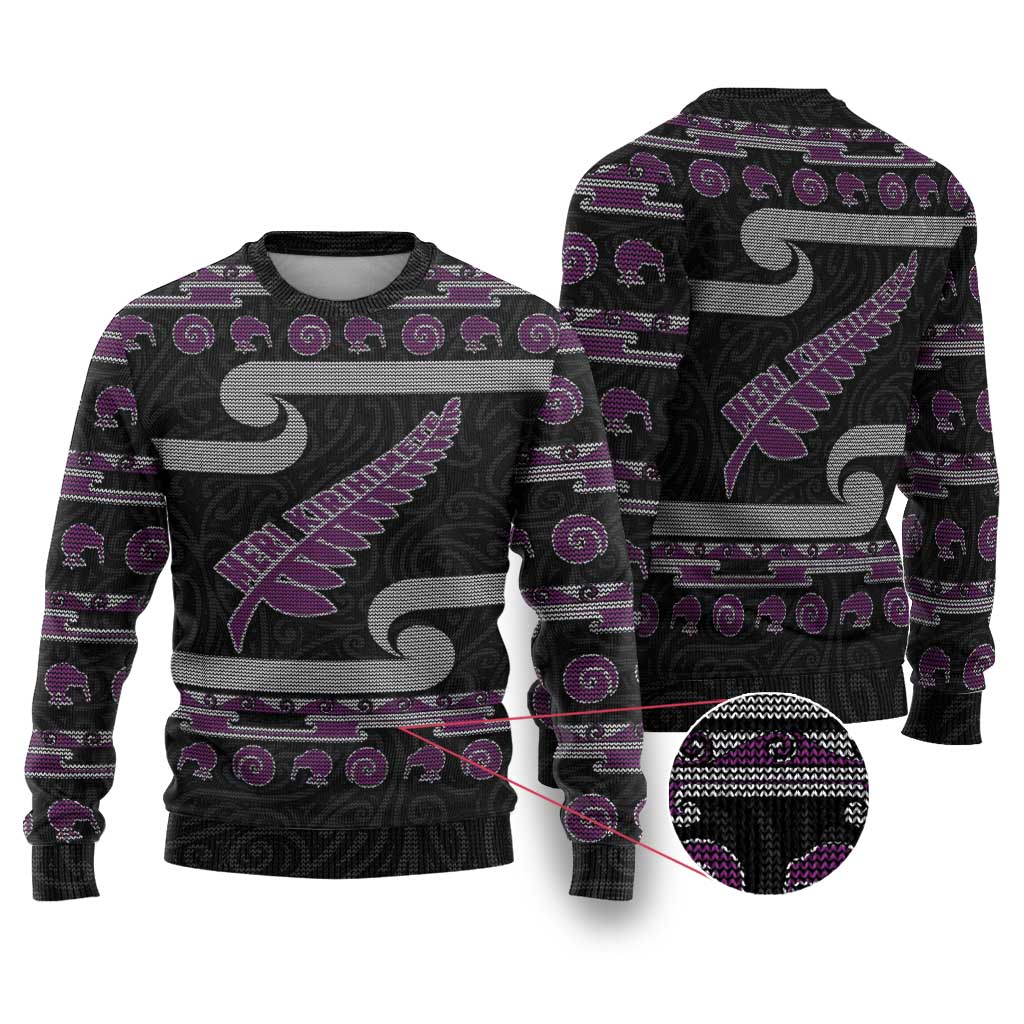 New Zealand Christmas Ugly Christmas Sweater Meri Kirihimete Silver Fern Knit Style Purple Color LT03 Purple - Polynesian Pride