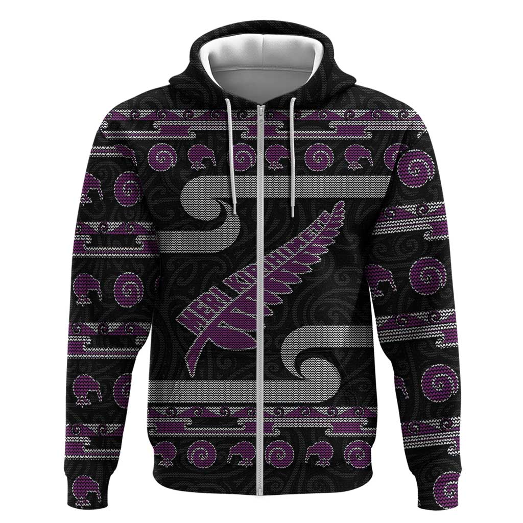 New Zealand Christmas Zip Hoodie Meri Kirihimete Silver Fern Knit Style Purple Color LT03 Zip Hoodie Purple - Polynesian Pride