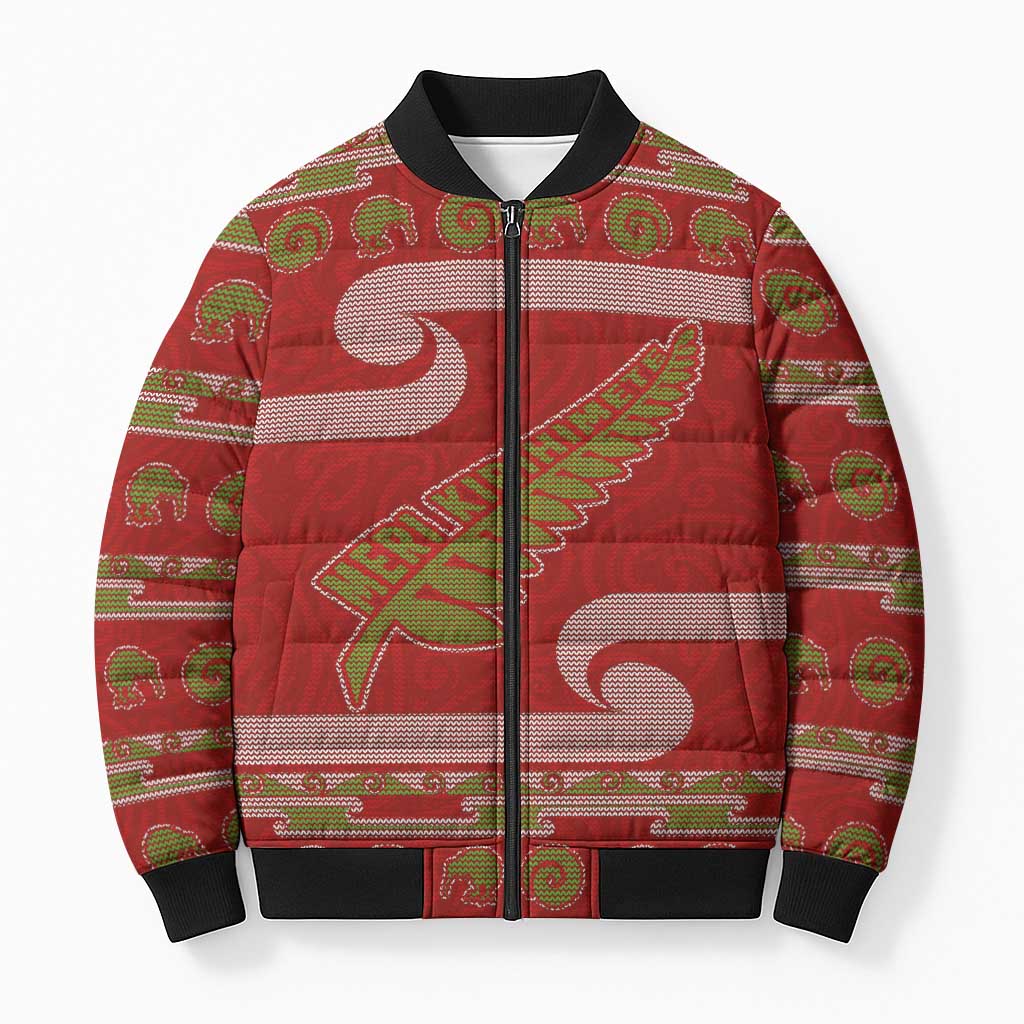 New Zealand Christmas Bomber Puffer Jacket Meri Kirihimete Silver Fern Knit Style Green Color LT03 Unisex Green - Polynesian Pride