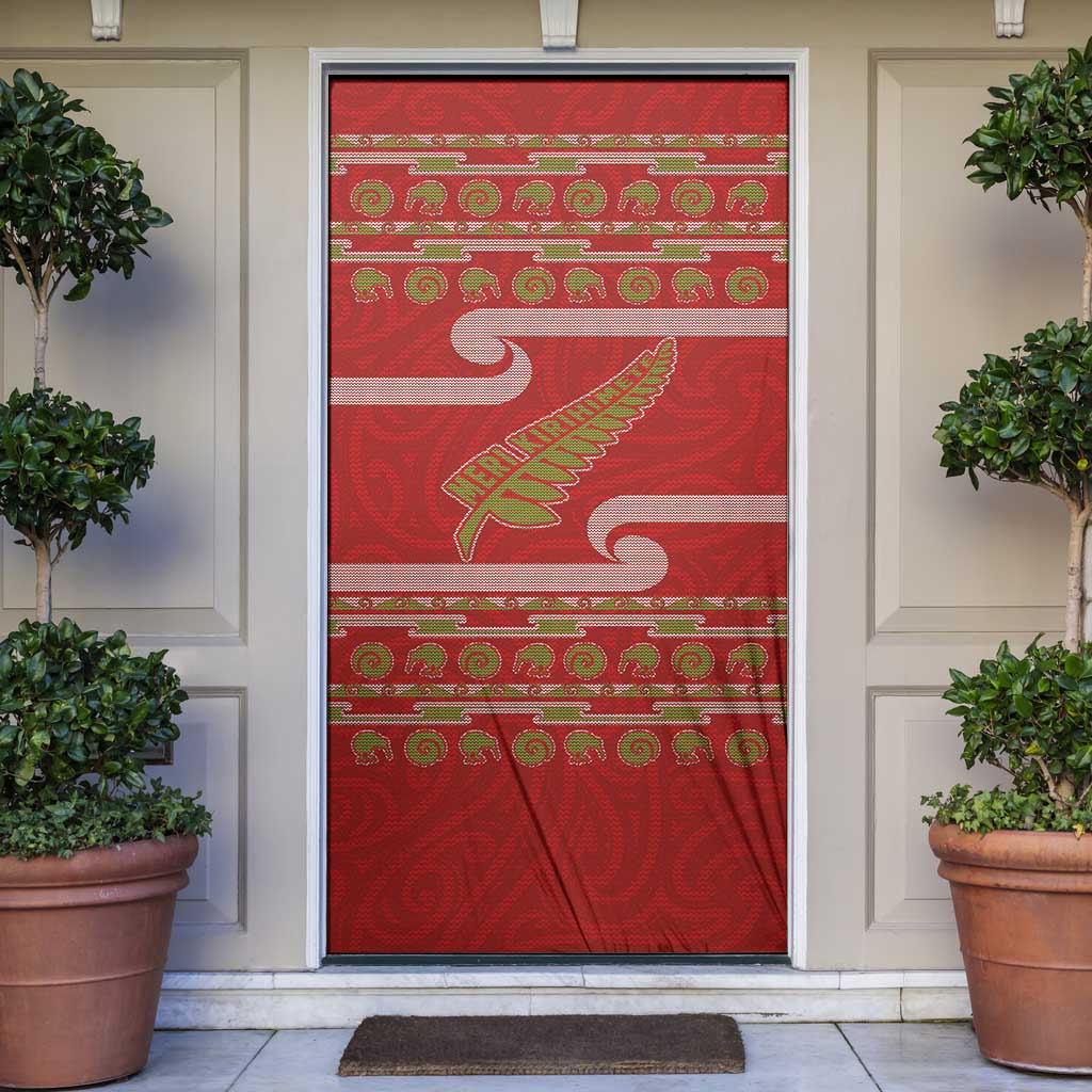 New Zealand Christmas Door Cover Meri Kirihimete Silver Fern Knit Style Green Color LT03 Green - Polynesian Pride