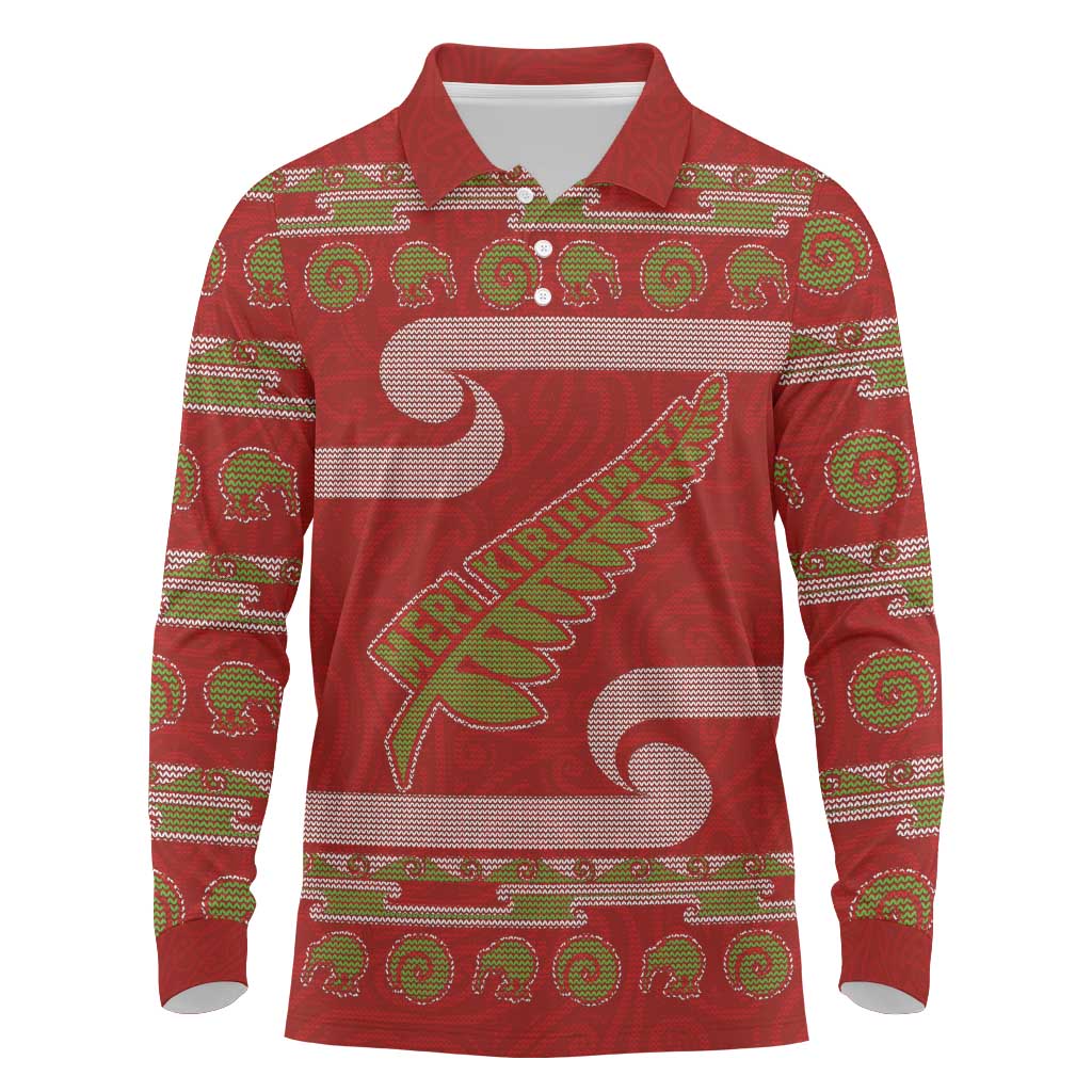 New Zealand Christmas Long Sleeve Polo Shirt Meri Kirihimete Silver Fern Knit Style Green Color LT03 Green - Polynesian Pride