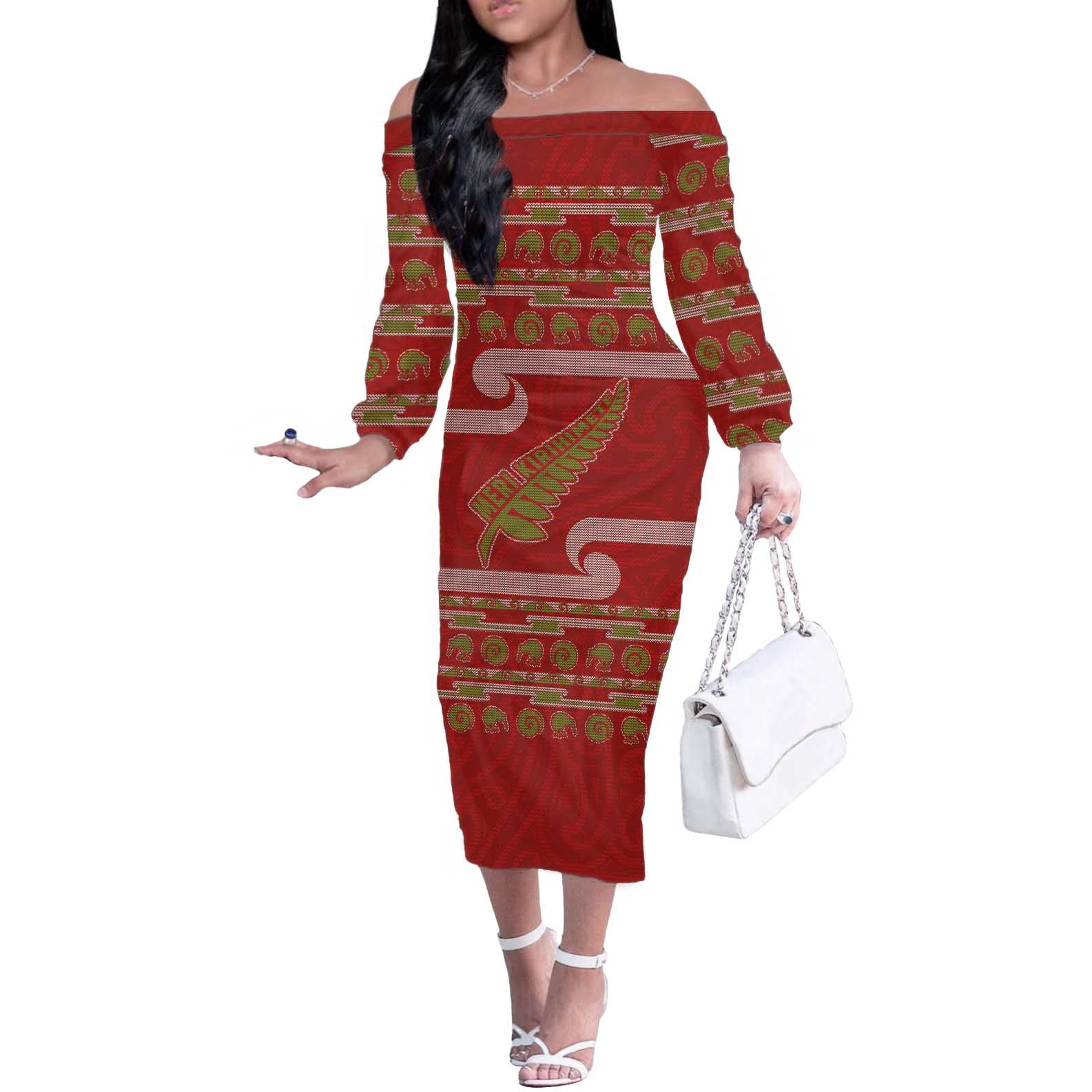 New Zealand Christmas Off The Shoulder Long Sleeve Dress Meri Kirihimete Silver Fern Knit Style Green Color LT03 Women Green - Polynesian Pride