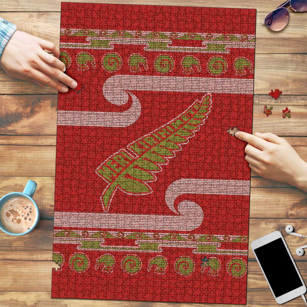 New Zealand Christmas Puzzle Meri Kirihimete Silver Fern Knit Style Green Color LT03 Green - Polynesian Pride