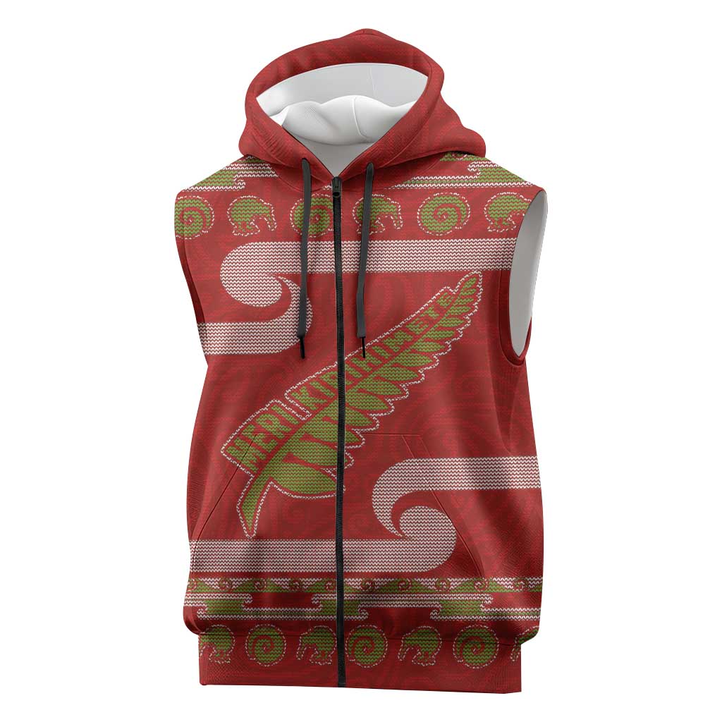 New Zealand Christmas Sleeveless Zip Hoodie Meri Kirihimete Silver Fern Knit Style Green Color LT03 Green - Polynesian Pride