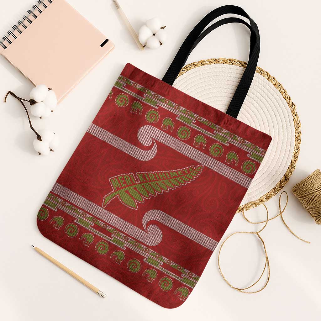 New Zealand Christmas Tote Bag Meri Kirihimete Silver Fern Knit Style Green Color LT03 Black Strap One Size Green - Polynesian Pride