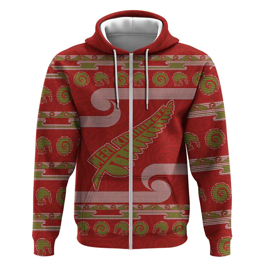 New Zealand Christmas Zip Hoodie Meri Kirihimete Silver Fern Knit Style Green Color LT03 Zip Hoodie Green - Polynesian Pride
