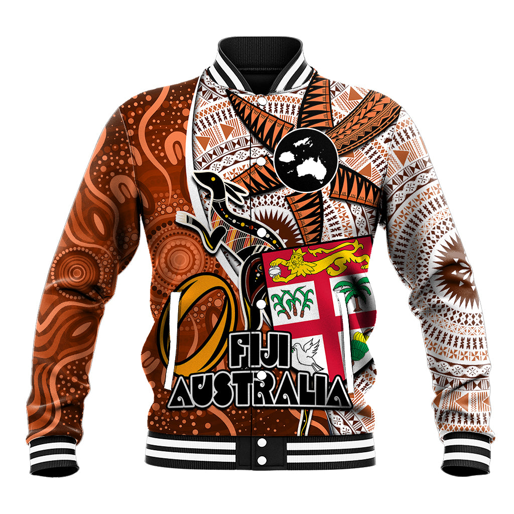 Fiji Australia Rugby Baseball Jacket Kangaroo and Palm Tree Orange Tapa Pattern Mix Aboriginal LT03 Unisex Orange - Polynesian Pride