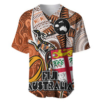 Fiji Australia Rugby Baseball Jersey Kangaroo and Palm Tree Orange Tapa Pattern Mix Aboriginal LT03 Orange - Polynesian Pride