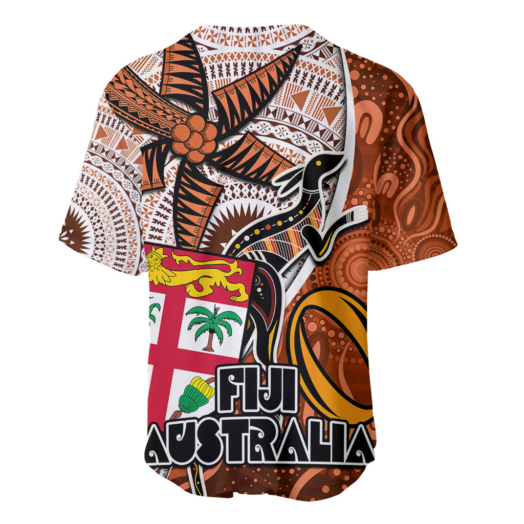 Fiji Australia Rugby Baseball Jersey Kangaroo and Palm Tree Orange Tapa Pattern Mix Aboriginal LT03 - Polynesian Pride