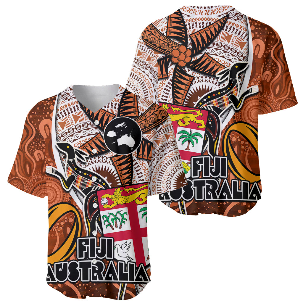Fiji Australia Rugby Baseball Jersey Kangaroo and Palm Tree Orange Tapa Pattern Mix Aboriginal LT03 - Polynesian Pride