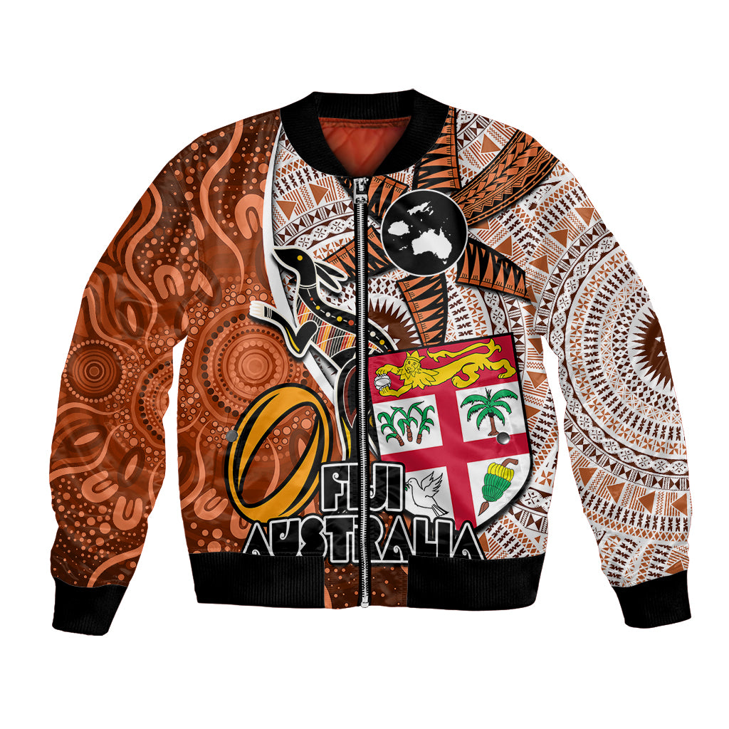 Fiji Australia Rugby Bomber Jacket Kangaroo and Palm Tree Orange Tapa Pattern Mix Aboriginal LT03 Unisex Orange - Polynesian Pride