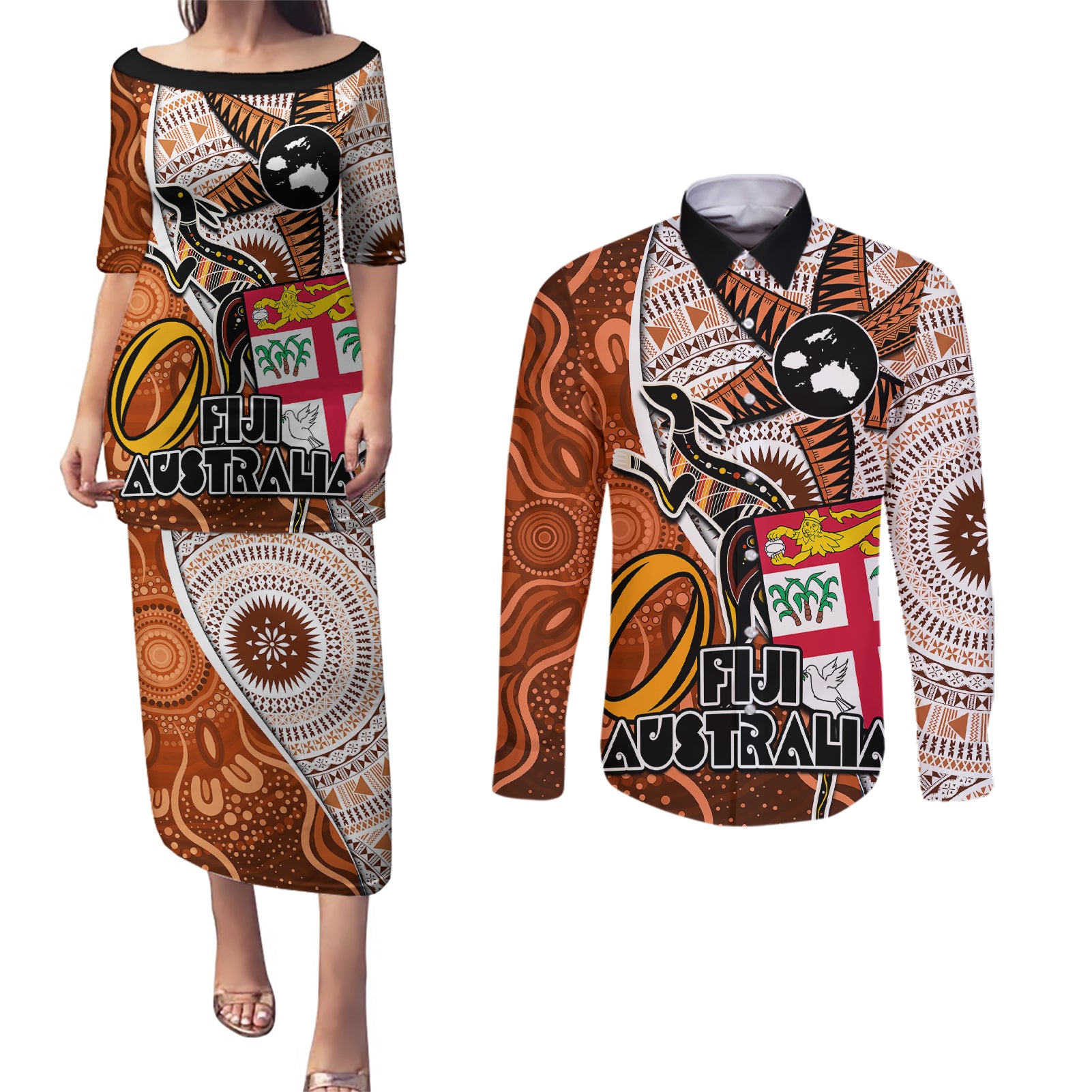 fiji-australia-rugby-couples-matching-puletasi-dress-and-long-sleeve-button-shirts-kangaroo-and-palm-tree-orange-tapa-pattern-mix-aboriginal