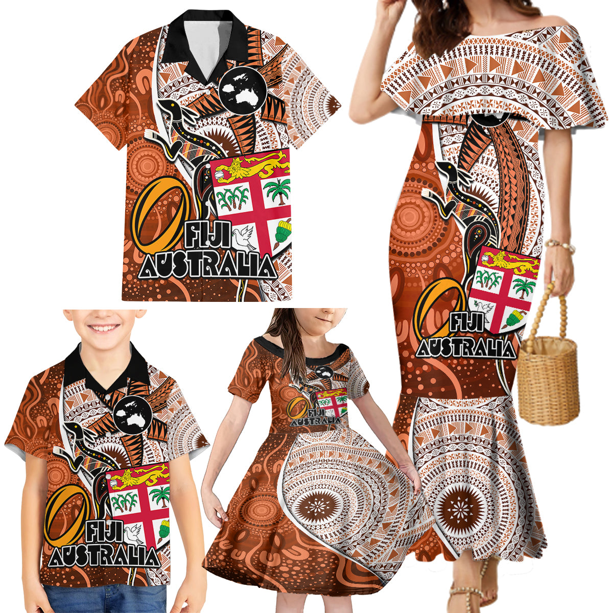 fiji-australia-rugby-family-matching-mermaid-dress-and-hawaiian-shirt-kangaroo-and-palm-tree-orange-tapa-pattern-mix-aboriginal