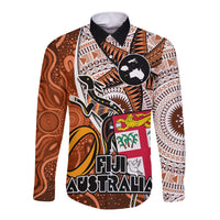 Fiji Australia Rugby Long Sleeve Button Shirt Kangaroo and Palm Tree Orange Tapa Pattern Mix Aboriginal LT03 Unisex Orange - Polynesian Pride