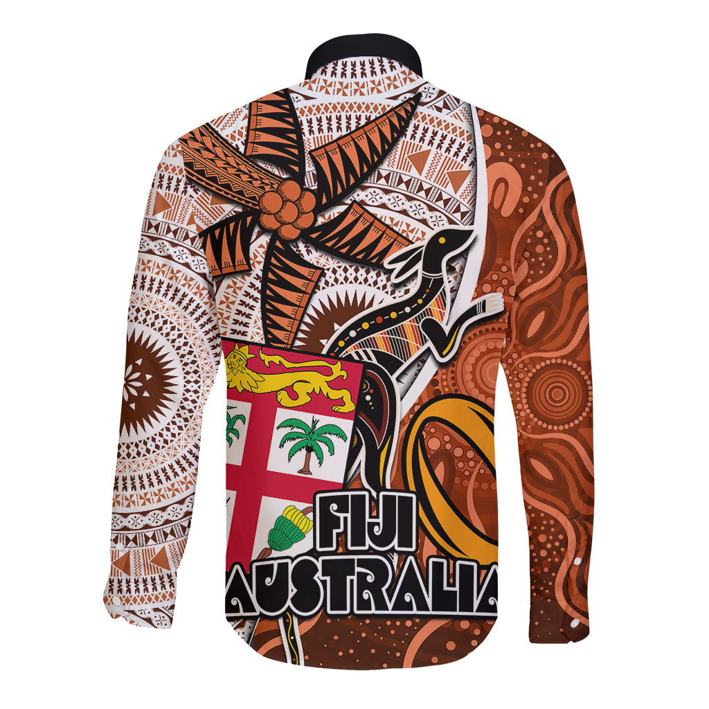Fiji Australia Rugby Long Sleeve Button Shirt Kangaroo and Palm Tree Orange Tapa Pattern Mix Aboriginal LT03 - Polynesian Pride