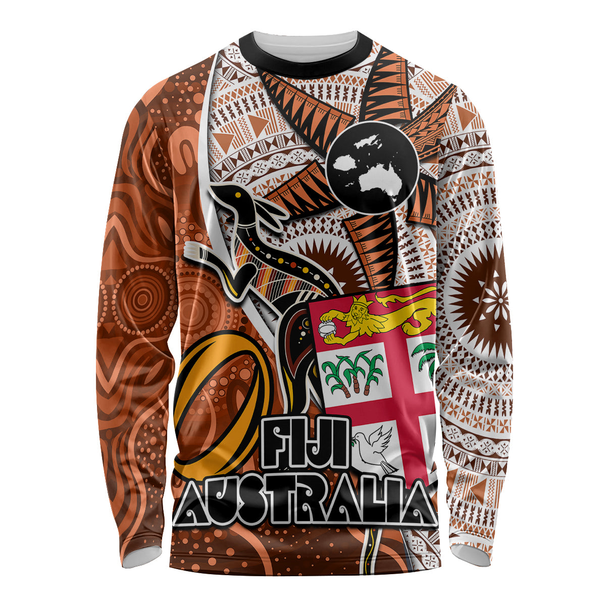 Fiji Australia Rugby Long Sleeve Shirt Kangaroo and Palm Tree Orange Tapa Pattern Mix Aboriginal LT03 Unisex Orange - Polynesian Pride
