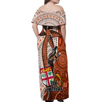 Fiji Australia Rugby Off Shoulder Maxi Dress Kangaroo and Palm Tree Orange Tapa Pattern Mix Aboriginal LT03 - Polynesian Pride