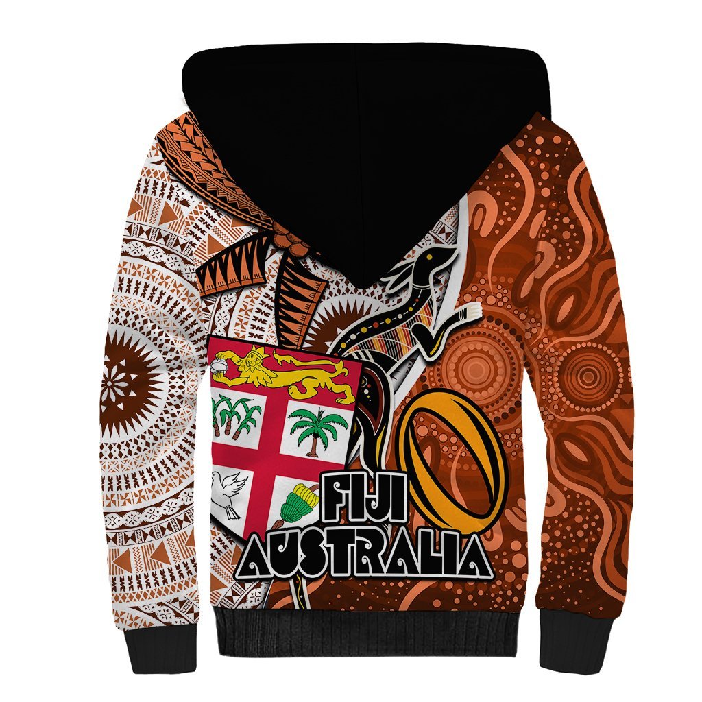 Fiji Australia Rugby Sherpa Hoodie Kangaroo and Palm Tree Orange Tapa Pattern Mix Aboriginal LT03 - Polynesian Pride