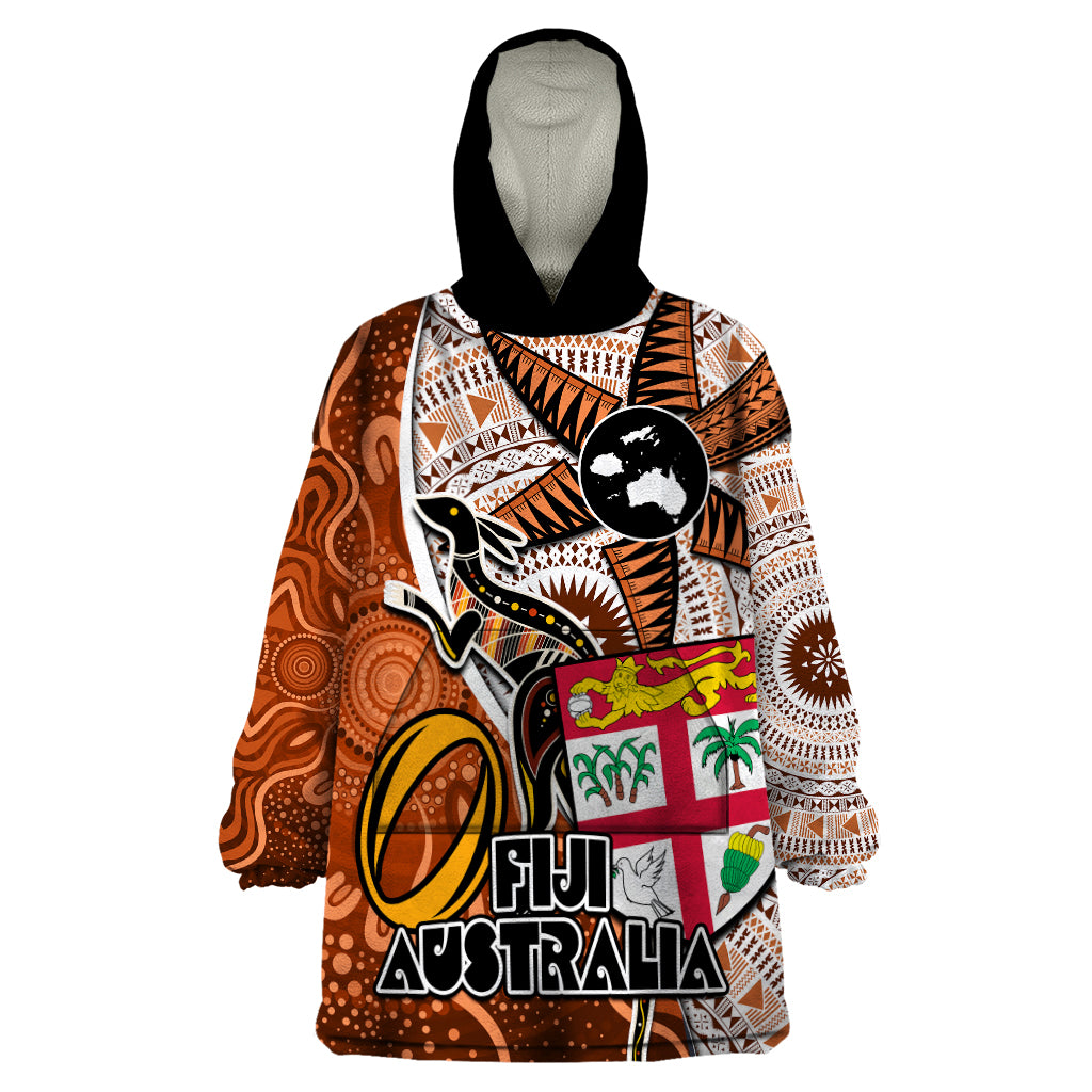 Fiji Australia Rugby Wearable Blanket Hoodie Kangaroo and Palm Tree Orange Tapa Pattern Mix Aboriginal LT03 One Size Orange - Polynesian Pride