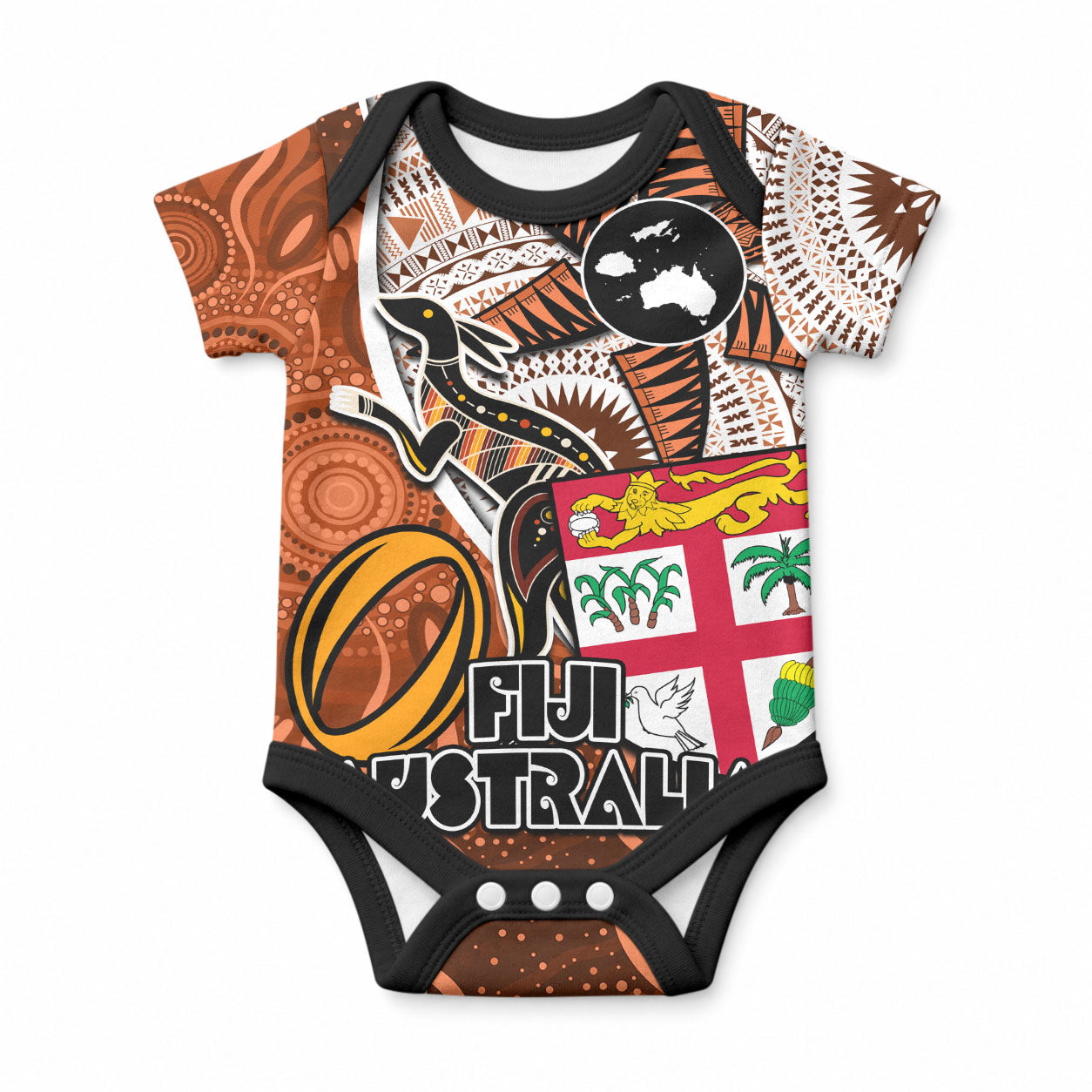 Personalised Fiji Australia Rugby Baby Onesie Kangaroo and Palm Tree Orange Tapa Pattern Mix Aboriginal LT03 Orange - Polynesian Pride