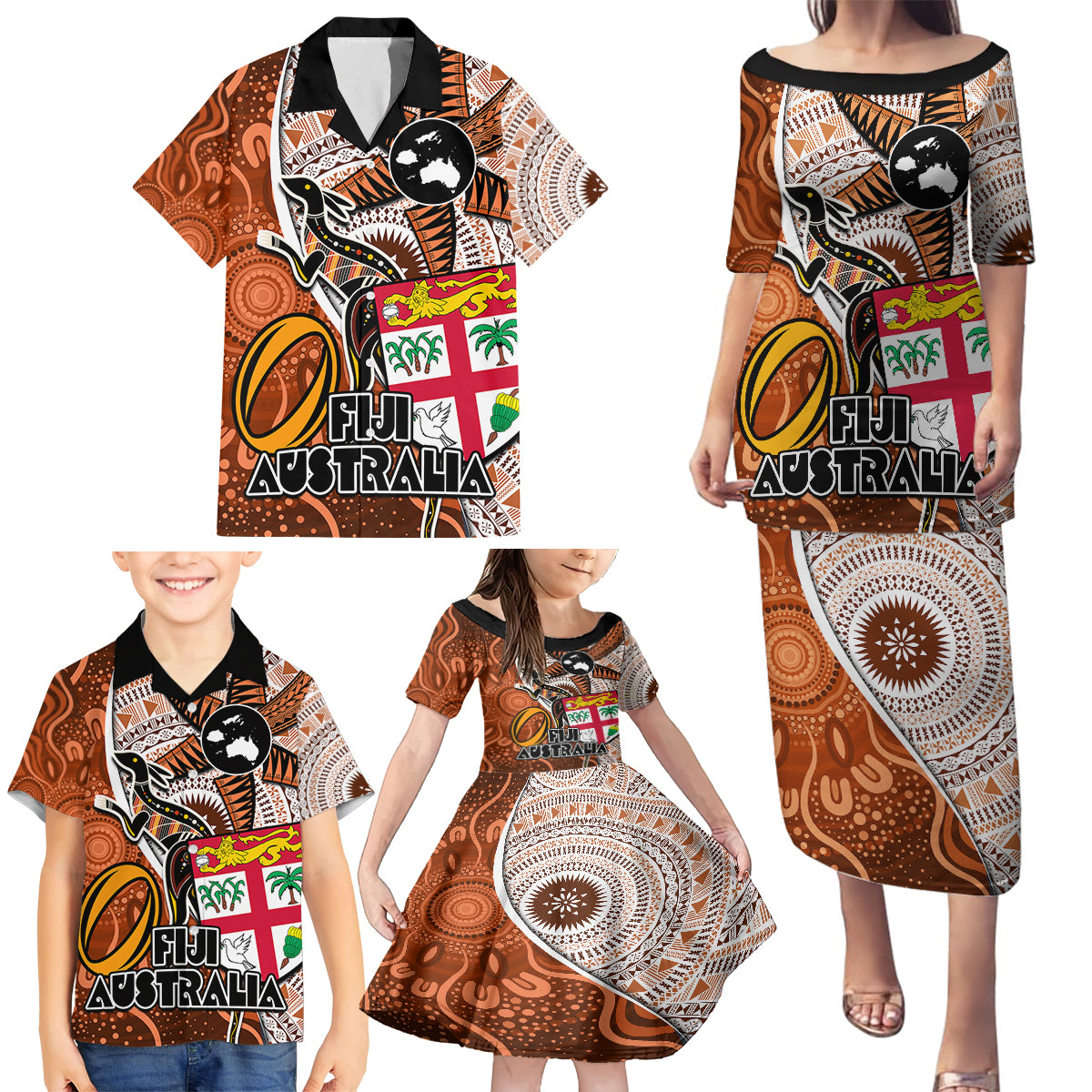 Personalised Fiji Australia Rugby Family Matching Puletasi Dress and Hawaiian Shirt Kangaroo and Palm Tree Orange Tapa Pattern Mix Aboriginal LT03 - Polynesian Pride