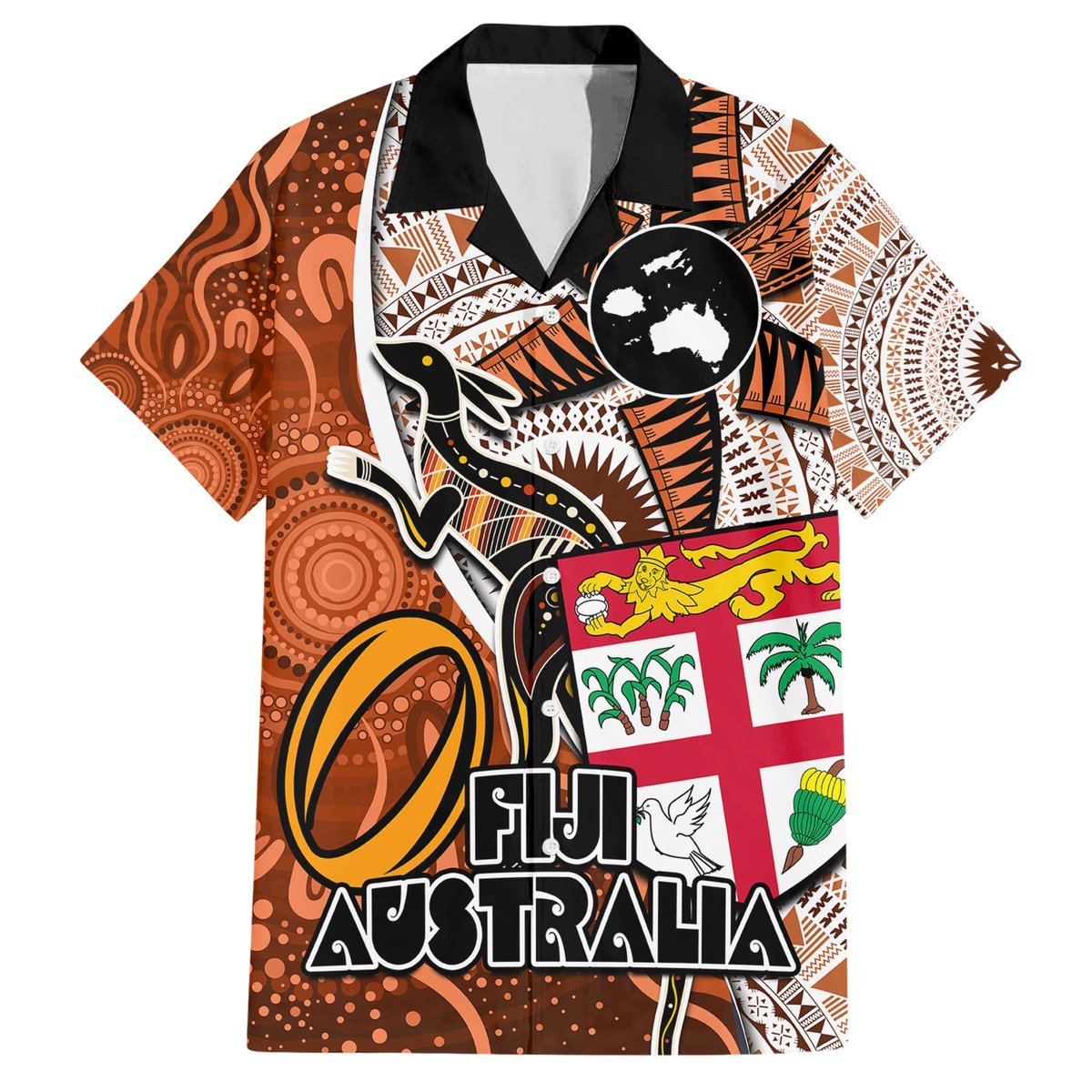 Personalised Fiji Australia Rugby Hawaiian Shirt Kangaroo and Palm Tree Orange Tapa Pattern Mix Aboriginal LT03 Orange - Polynesian Pride