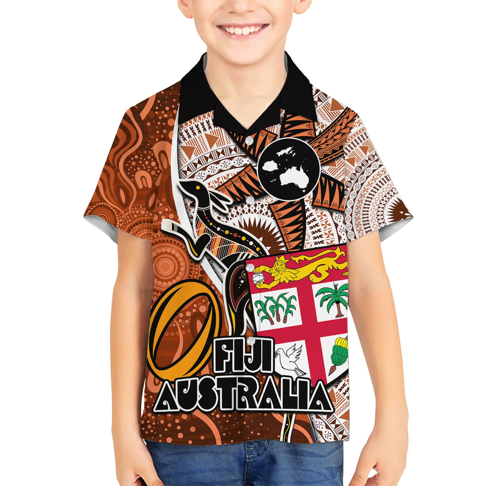 Personalised Fiji Australia Rugby Kid Hawaiian Shirt Kangaroo and Palm Tree Orange Tapa Pattern Mix Aboriginal LT03 Kid Orange - Polynesian Pride