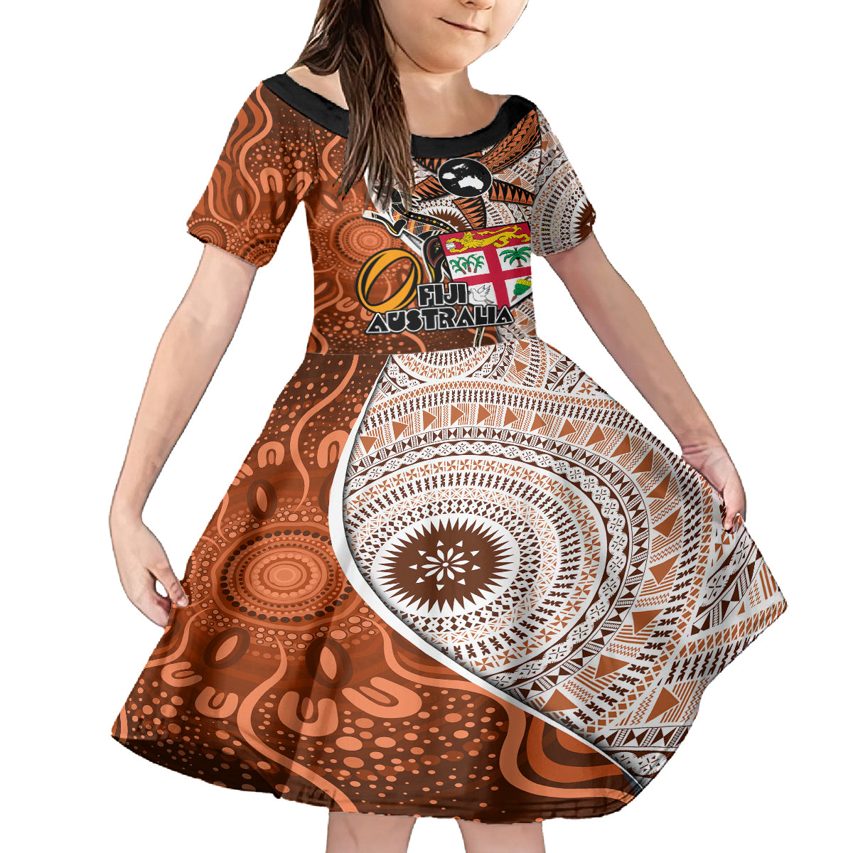 Personalised Fiji Australia Rugby Kid Short Sleeve Dress Kangaroo and Palm Tree Orange Tapa Pattern Mix Aboriginal LT03 KID Orange - Polynesian Pride
