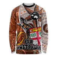 Personalised Fiji Australia Rugby Long Sleeve Shirt Kangaroo and Palm Tree Orange Tapa Pattern Mix Aboriginal LT03 Unisex Orange - Polynesian Pride