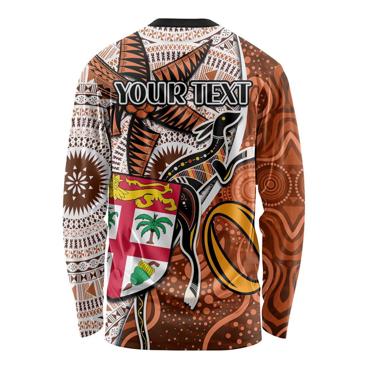 Personalised Fiji Australia Rugby Long Sleeve Shirt Kangaroo and Palm Tree Orange Tapa Pattern Mix Aboriginal LT03 - Polynesian Pride