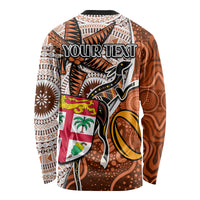Personalised Fiji Australia Rugby Long Sleeve Shirt Kangaroo and Palm Tree Orange Tapa Pattern Mix Aboriginal LT03 - Polynesian Pride