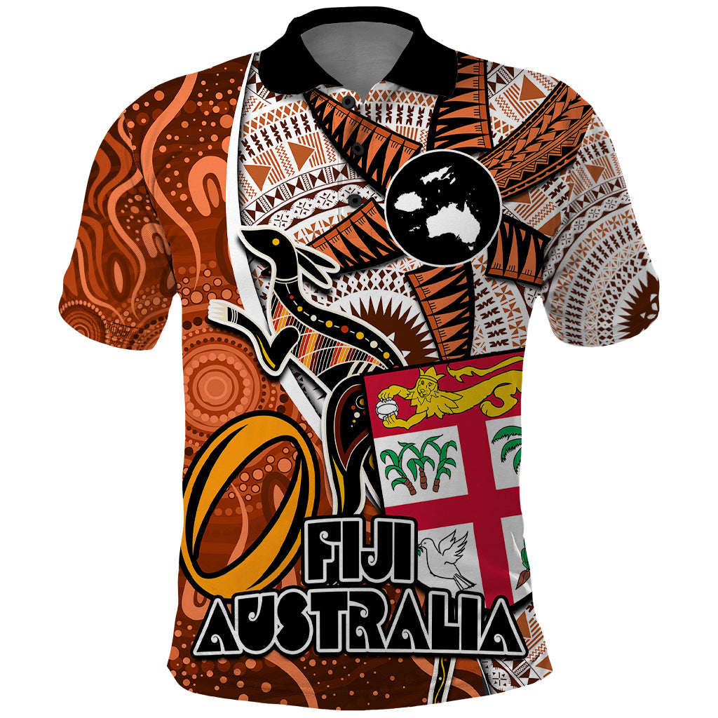 Personalised Fiji Australia Rugby Polo Shirt Kangaroo and Palm Tree Orange Tapa Pattern Mix Aboriginal LT03 Orange - Polynesian Pride