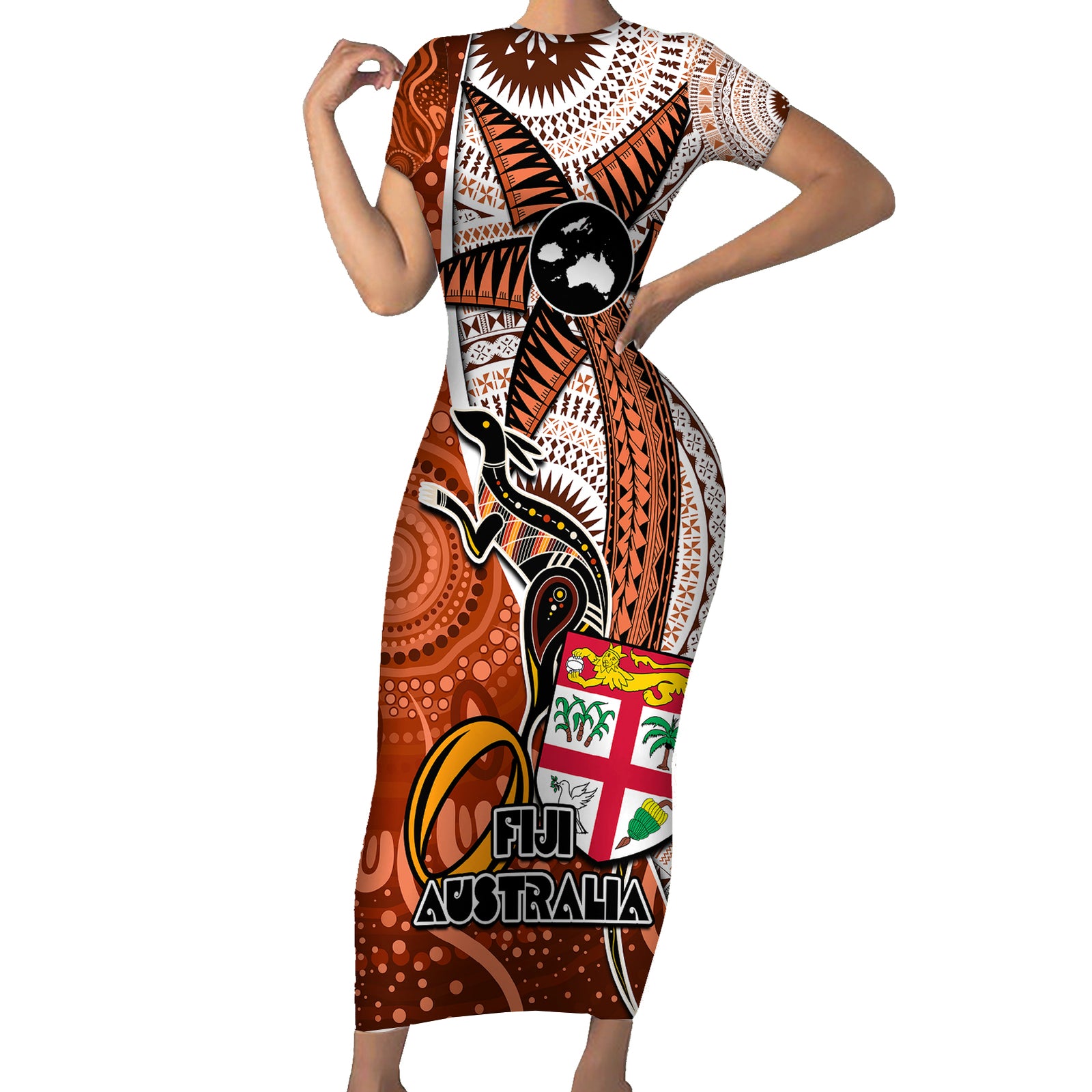 Personalised Fiji Australia Rugby Short Sleeve Bodycon Dress Kangaroo and Palm Tree Orange Tapa Pattern Mix Aboriginal LT03 Long Dress Orange - Polynesian Pride