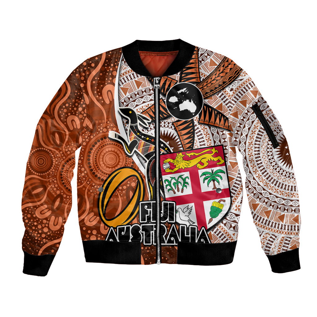 Personalised Fiji Australia Rugby Sleeve Zip Bomber Jacket Kangaroo and Palm Tree Orange Tapa Pattern Mix Aboriginal LT03 Unisex Orange - Polynesian Pride
