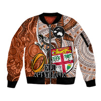 Personalised Fiji Australia Rugby Sleeve Zip Bomber Jacket Kangaroo and Palm Tree Orange Tapa Pattern Mix Aboriginal LT03 Unisex Orange - Polynesian Pride