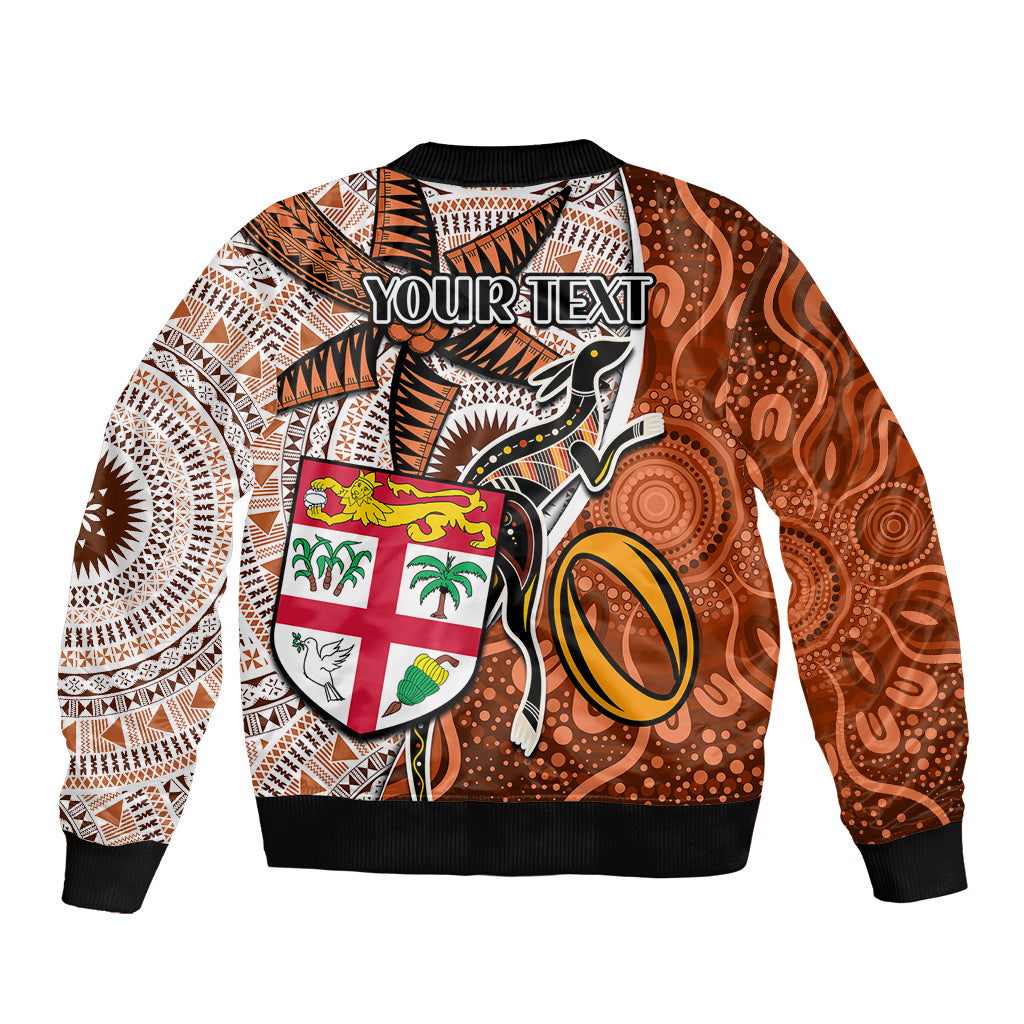 Personalised Fiji Australia Rugby Sleeve Zip Bomber Jacket Kangaroo and Palm Tree Orange Tapa Pattern Mix Aboriginal LT03 - Polynesian Pride