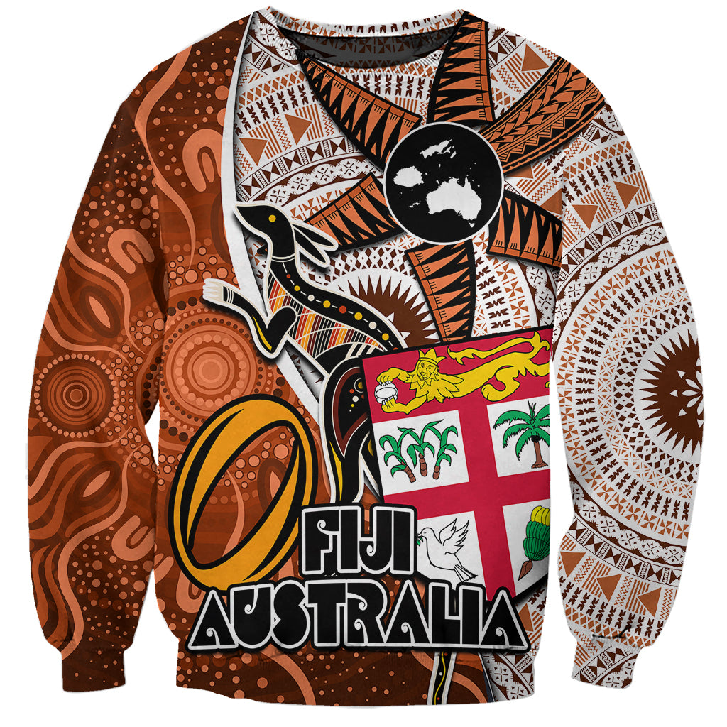 Personalised Fiji Australia Rugby Sweatshirt Kangaroo and Palm Tree Orange Tapa Pattern Mix Aboriginal LT03 Unisex Orange - Polynesian Pride